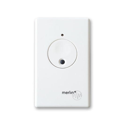 Merlin white rectangle wireless wall button CM128 with large white round button & smaller black button
