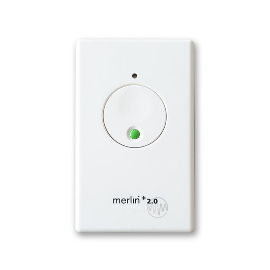 Merlin +2.0 E128 white rectangle wireless wall mount remote with large white circle button & small green button