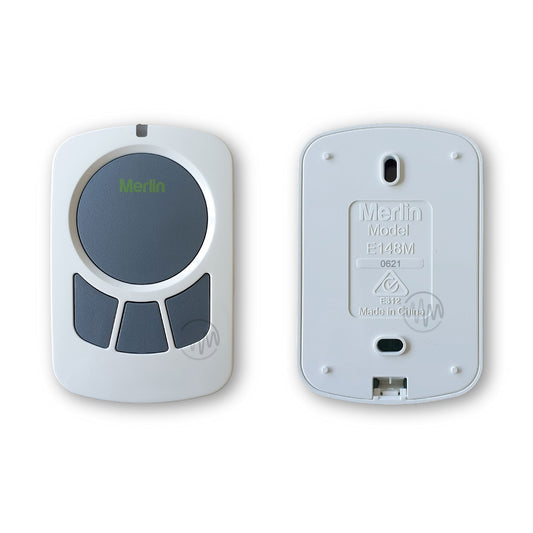 Merlin E148M white with 4 grey buttons wireless wall button front & back view