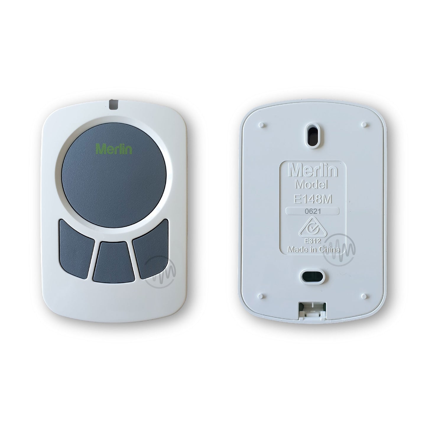 Merlin E148M white with 4 grey buttons wireless wall button front & back view