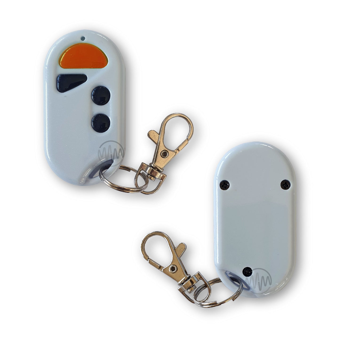 Orca garage door remote with white case & large orange button at top front & back view