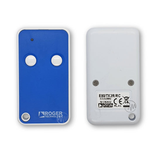 Roger blue & white gate remote with 2 circle white buttons front & back view