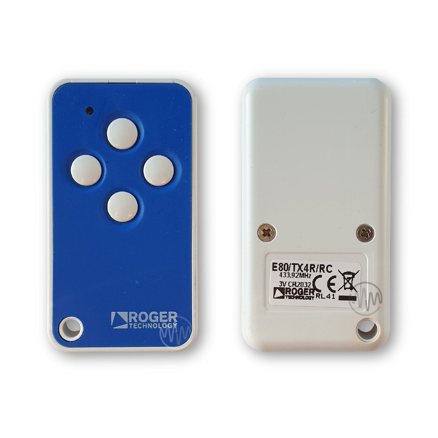 Roger blue & white gate remote with 4 circle white buttons front & back view