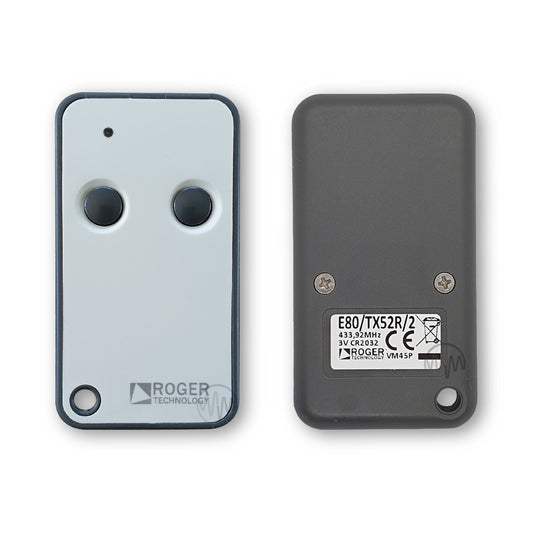 Roger dark & light grey gate remote with 2 circle dark grey buttons front & back view