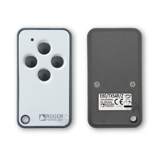 Roger dark & light grey gate remote with 4 circle dark grey buttons front & back view