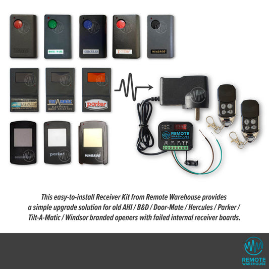 Selection of old dipswitch style garage door remotes showing with an arrow pointing to the replacement Remote Warehouse branded add on receiver kit.