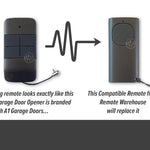 Black oblong garage door remote with rubber button pad divided into 4 shown with arrow pointing to a new updated black curved oblong remote with rounded button pad.