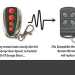 Chrome & Black garage door remote with 4 round red buttons in a vertical row shown with arrow pointing to a new updated dark grey with 4 slanted oval light grey buttons.