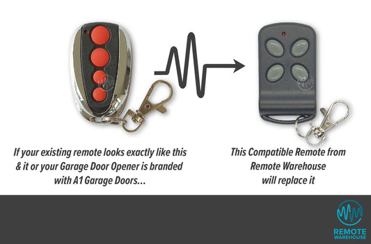 Chrome & Black garage door remote with 4 round red buttons in a vertical row shown with arrow pointing to a new updated dark grey with 4 slanted oval light grey buttons.