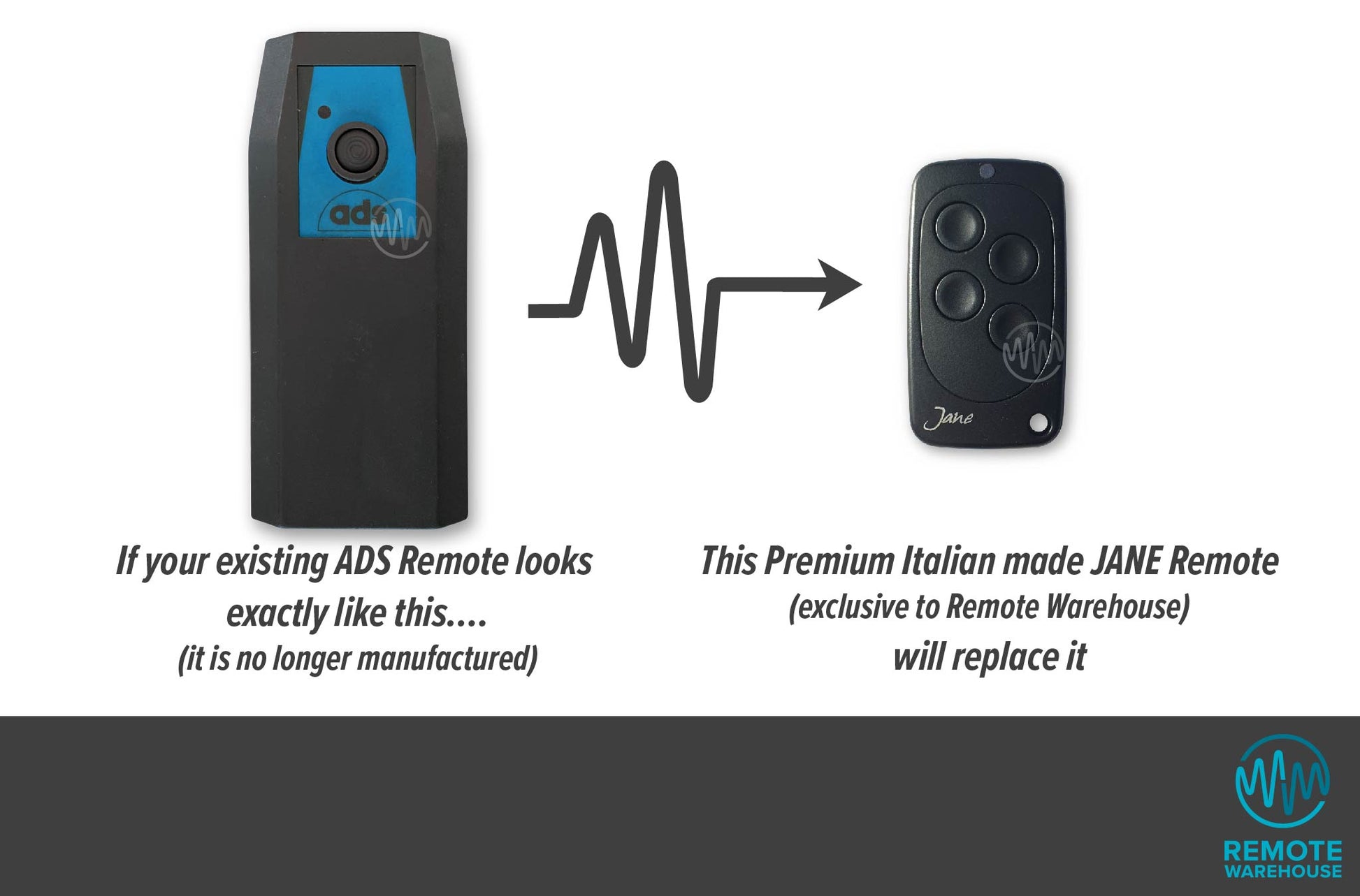 ADS large grey coffin shape remotes are replaced with the small all black Jane remote