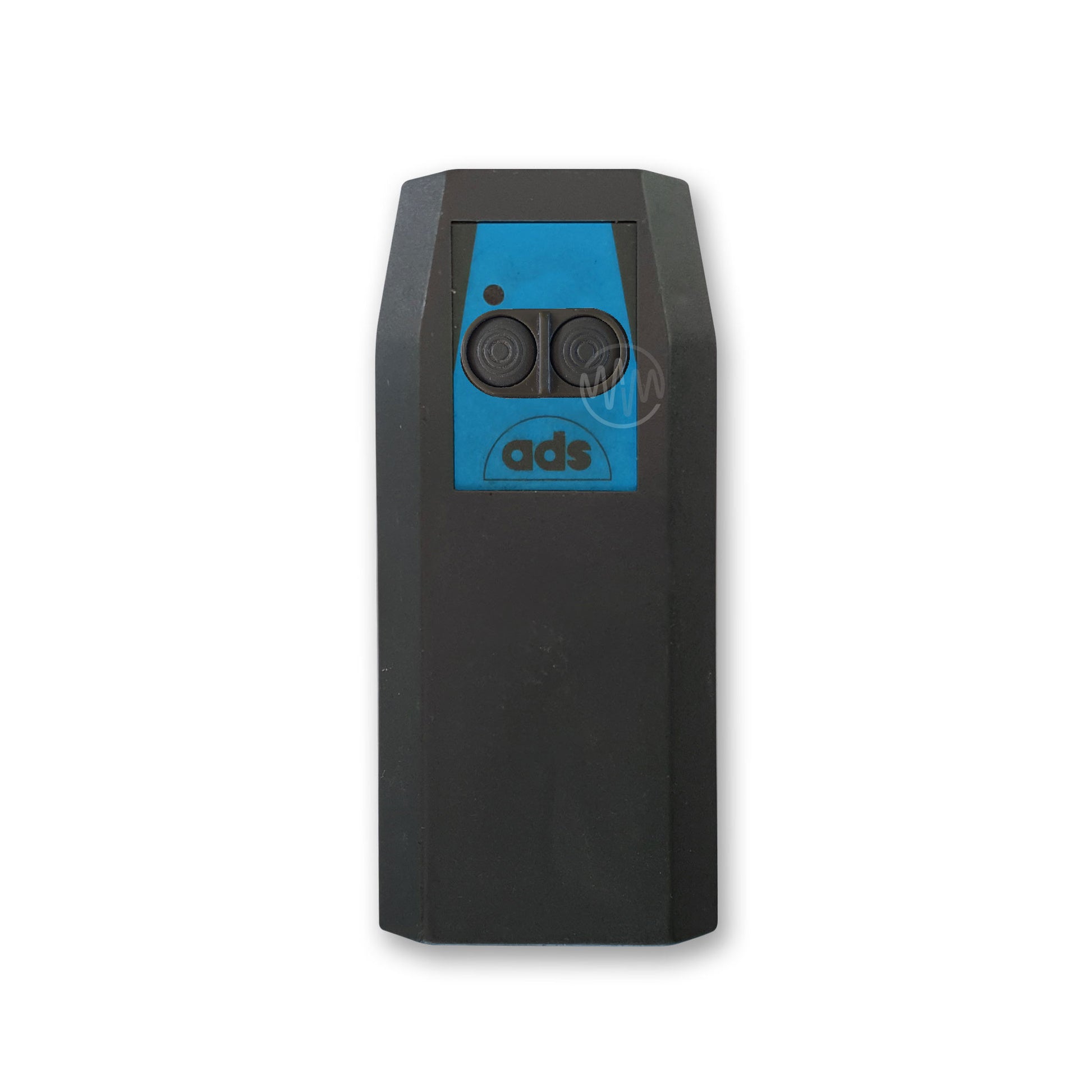ads branded grey coffin shaped garage door remote with 2 round buttons