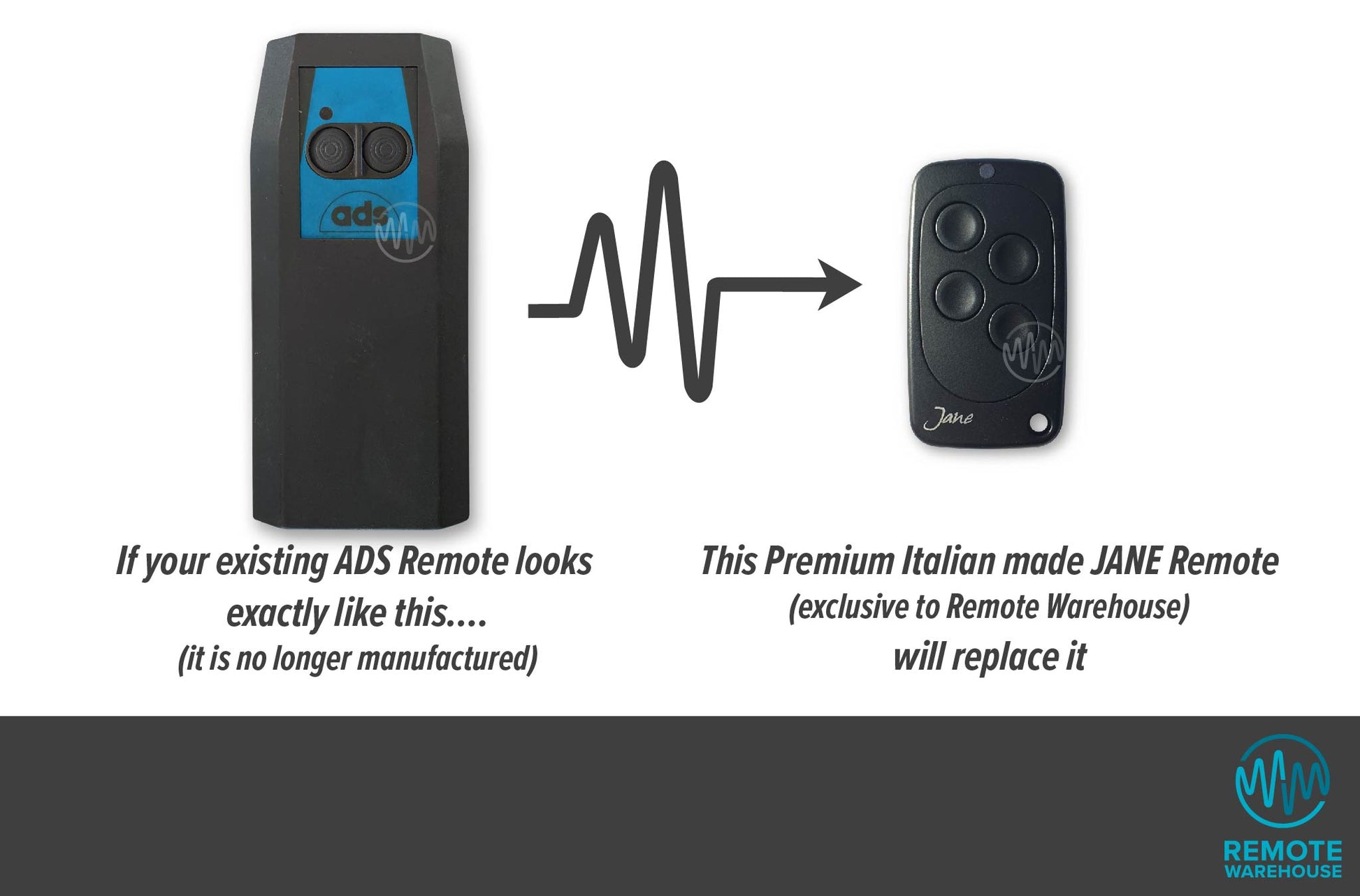 ADS large grey coffin shape remotes are replaced with the small all black Jane remote