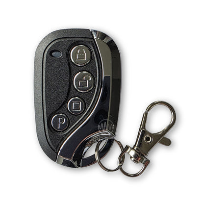 Black & chrome egg shaped gate remote control with 4 round buttons with padlock closed, padlock open, square & a P embossed on them.