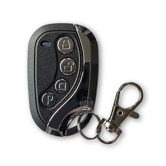 Black & chrome egg shaped gate remote control with 4 round buttons with padlock closed, padlock open, square & a P embossed on them.