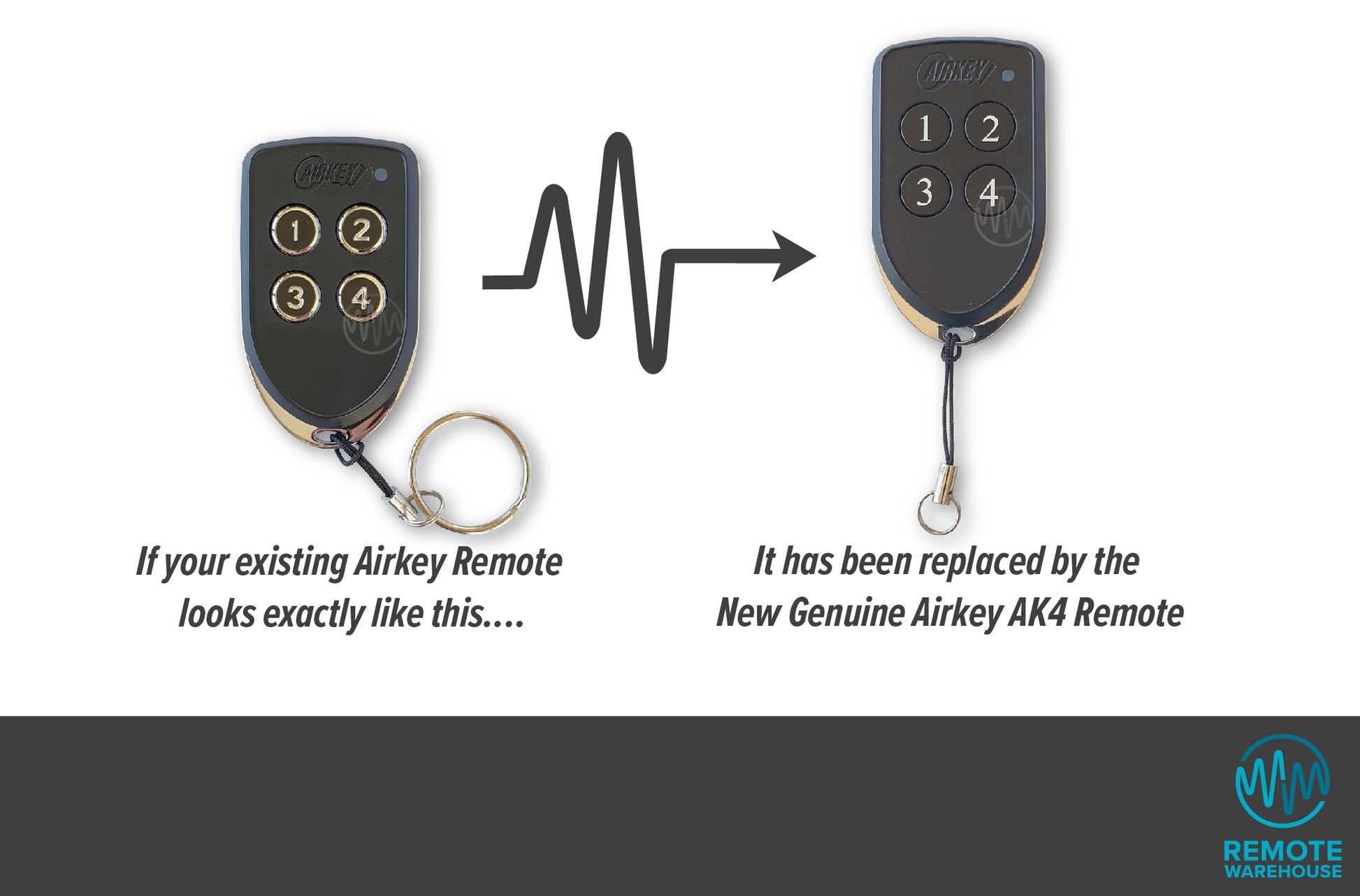 Black & silver shield shaped airkey remotes with 4 round numbered buttons