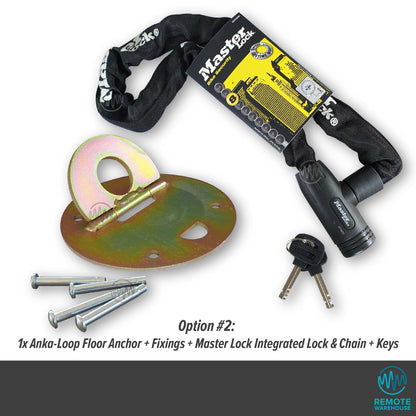 Anka-Loop metal security floor anchor with fixings & Master Lock integrated chain & padlock with keys