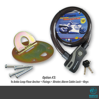 Metal circular Anka-Loop security floor anchor with fixings & xtratec motorcycle alarm lock & keys