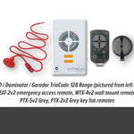TrioCode 128 range of wall button & key ring garage & gate remote controls for ATA, B&D, Dominator & Garador openers