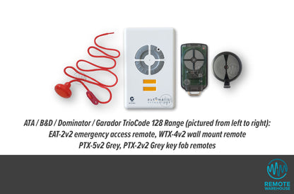 TrioCode 128 range of wall button & key ring garage & gate remote controls for ATA, B&D, Dominator & Garador openers