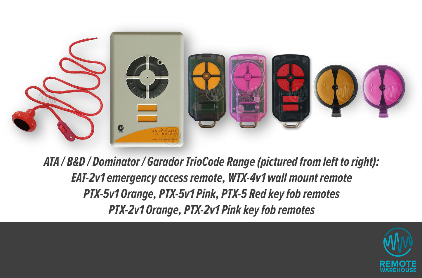 ATA, B&D, Dominator & Garador Triocode series of garage & gate remotes, wall button & pull button