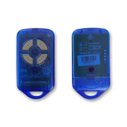 ATA PTX-4 garage & gate remote with blue case & 4 grey buttons front & back view
