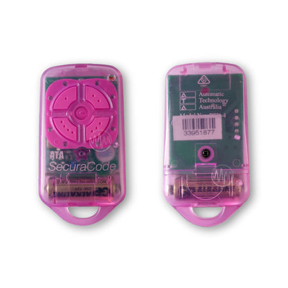 ATA PTX-4 garage & gate remote with frosted Pink case & 4 pink buttons front & back view