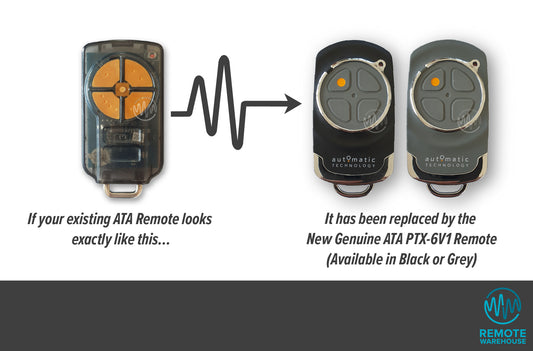 Comparison of an existing ATA remote control with a new Genuine ATA PTX-6V1 remote on a white background.