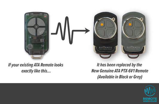 Comparison of an existing ATA remote control with a new Genuine ATA PTX-6V1 remote on a white background.