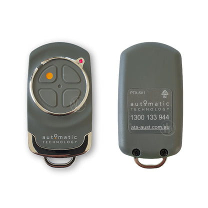 ATA PTX-6V1 grey garage & gate remote with grey segmented 4 button rubber pad front & back view