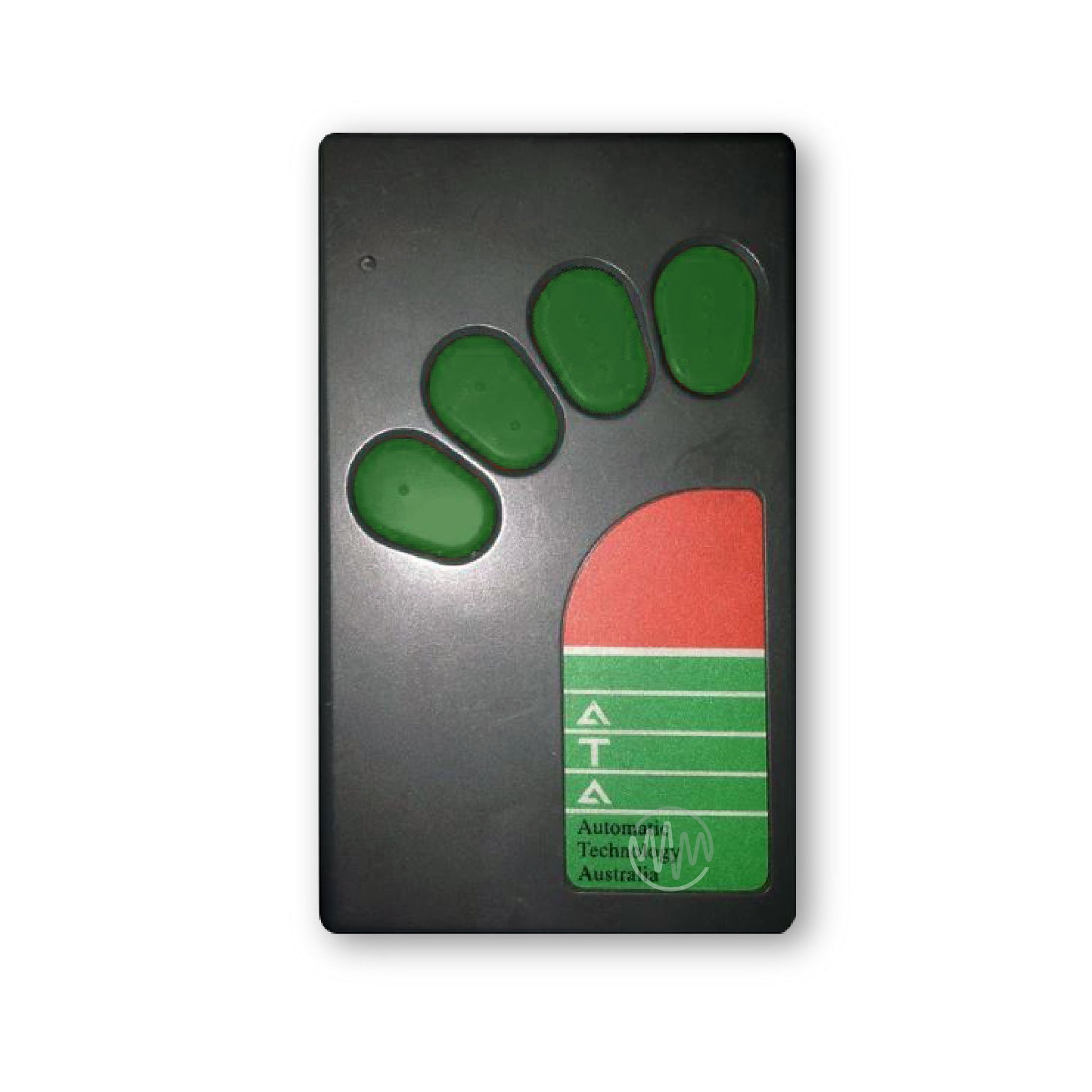 ATA dark grey large rectangle garage TX4A remote with 4 green buttons arranged in an arc 