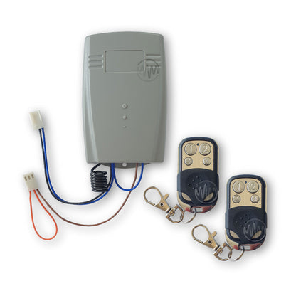 Garage door receiver kit with wires & plugs attached & 2 black & silver numbered 4 button remote controls