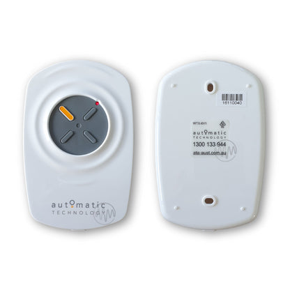ATA Automatic Technology branded white wall mount remote with round grey button front & back view