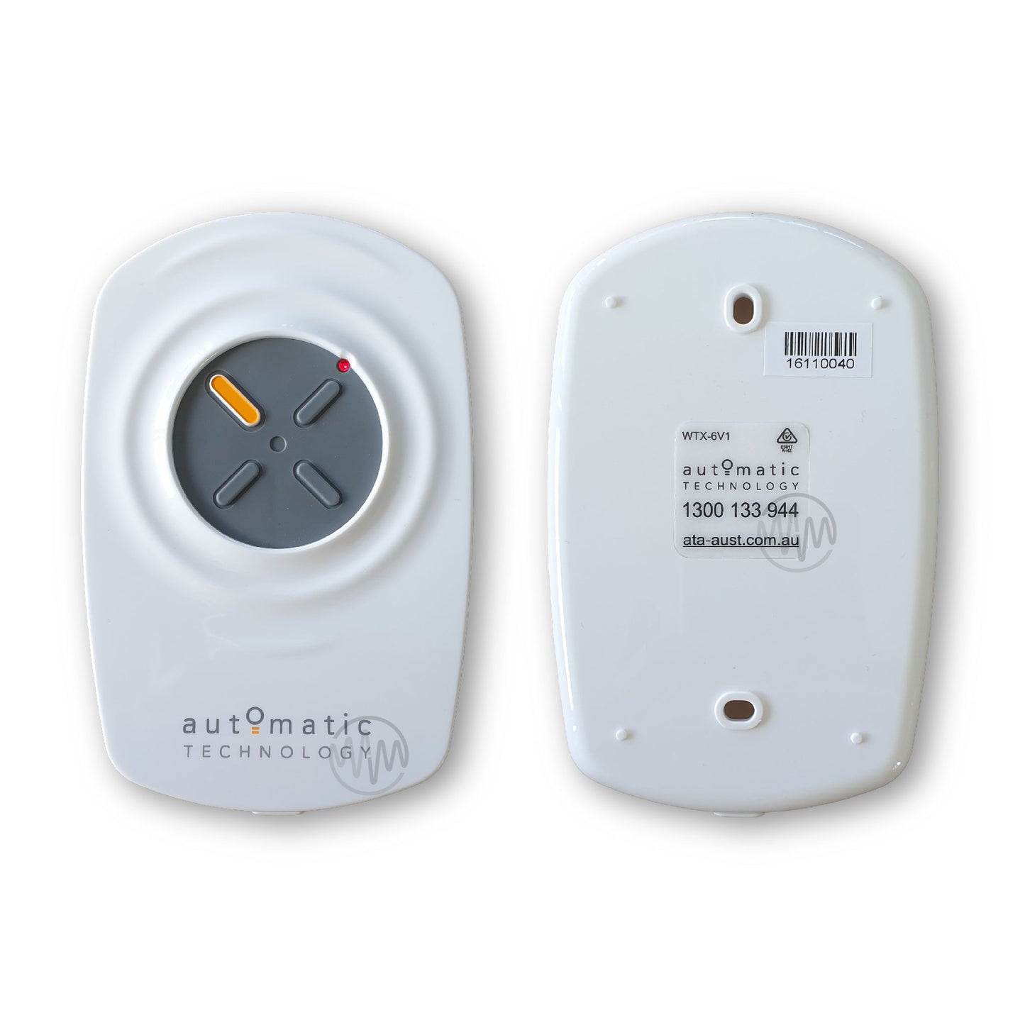 Automatic Technology Front & Back White Wall Mount garage remote with grey round button & 4 raised sections