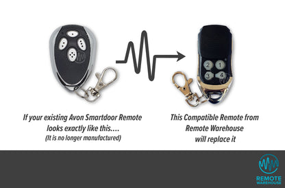 Chrome & black tear drop shape remote with 4 oval buttons is shown with its replacement chrome & black 4 button garage remote with slider cover