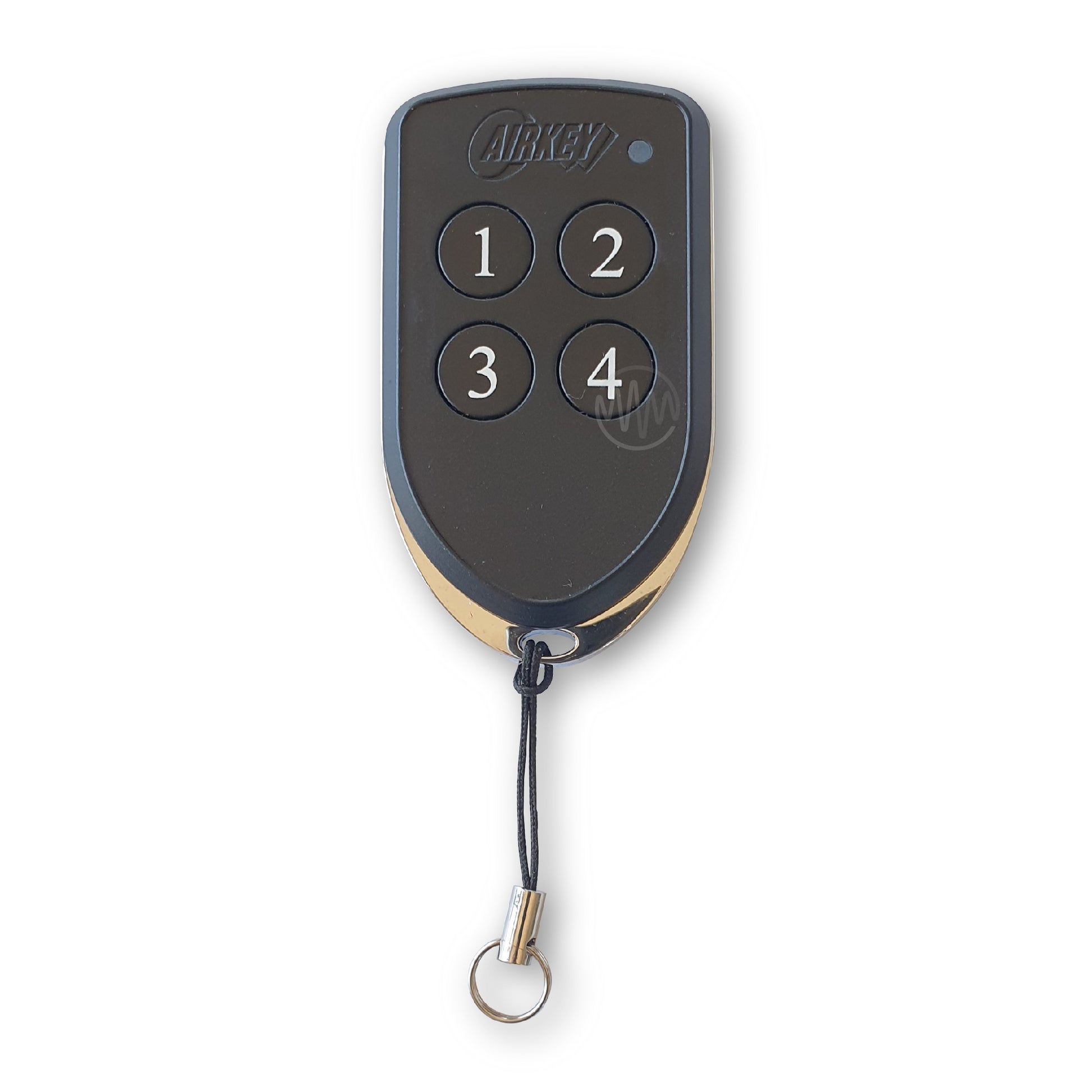 Airkey branded black & chrome shield shape gate remote with 4 round numbered buttons 