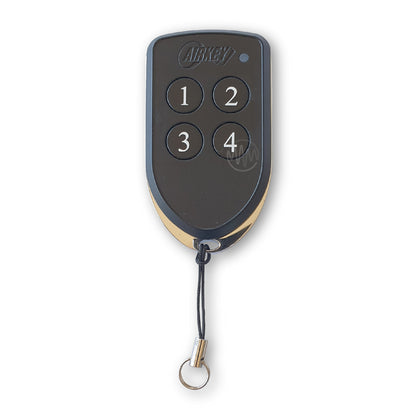 Airkey branded black & chrome shield shape gate remote with 4 round numbered buttons 