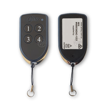 Airkey branded black & chrome shield shape gate remote with 4 round numbered buttons front & back view