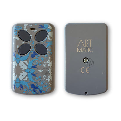 Artmatic universal garage & gate remote with blue raised flower print on front & 4 grey oval slanted buttons