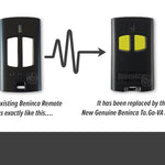 Beninca black remote with 2 white buttons is replaced with Beninca black with 2 lime green buttons Gate remote