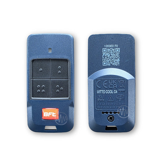 Rounded thin dark blue rectangle BFT branded remote with black rubber button pad divided into 4 with 'MITTO COOL C4' written on the back