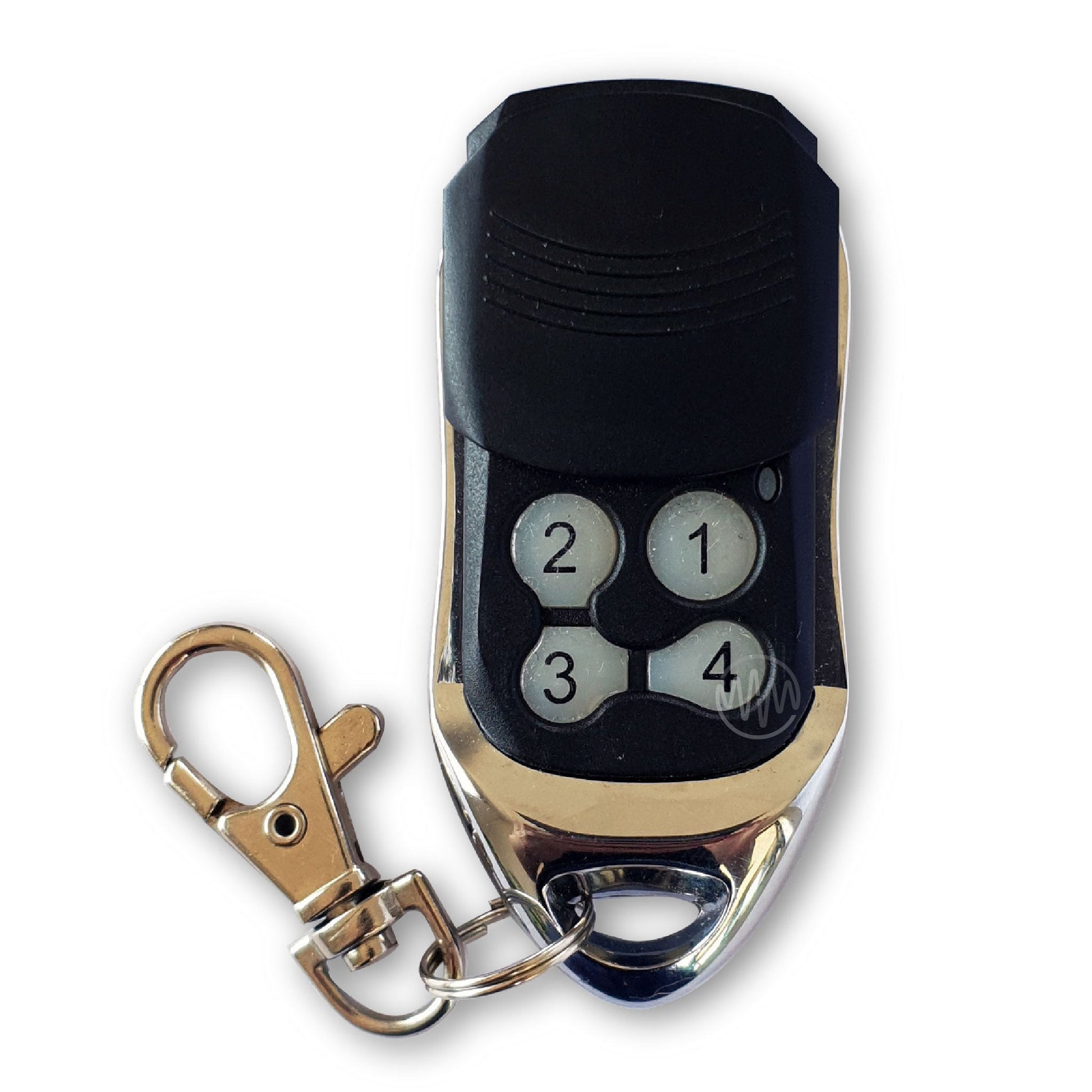 BFT black & chrome replacement garage door remote with 4 numbered buttons & slide cover 