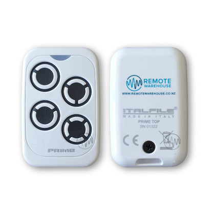 Front & back view of White 4 button PRIME remote for BFT garages gates
