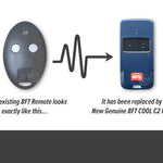 Comparison of an old BFT grey egg shape remote control with a new one, showing the new replacement dark blue BFT COOL C2 garage & gate remote.
