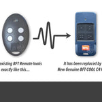 Comparison of an old BFT grey egg shape remote control with a new one, showing the new replacement dark blue BFT COOL C4 garage & gate remote.