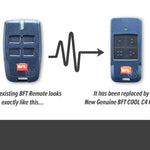 Comparison of an old BFT MITTO remote control with a new one, showing the new replacement dark blue BFT COOL C4 garage & gate remote.