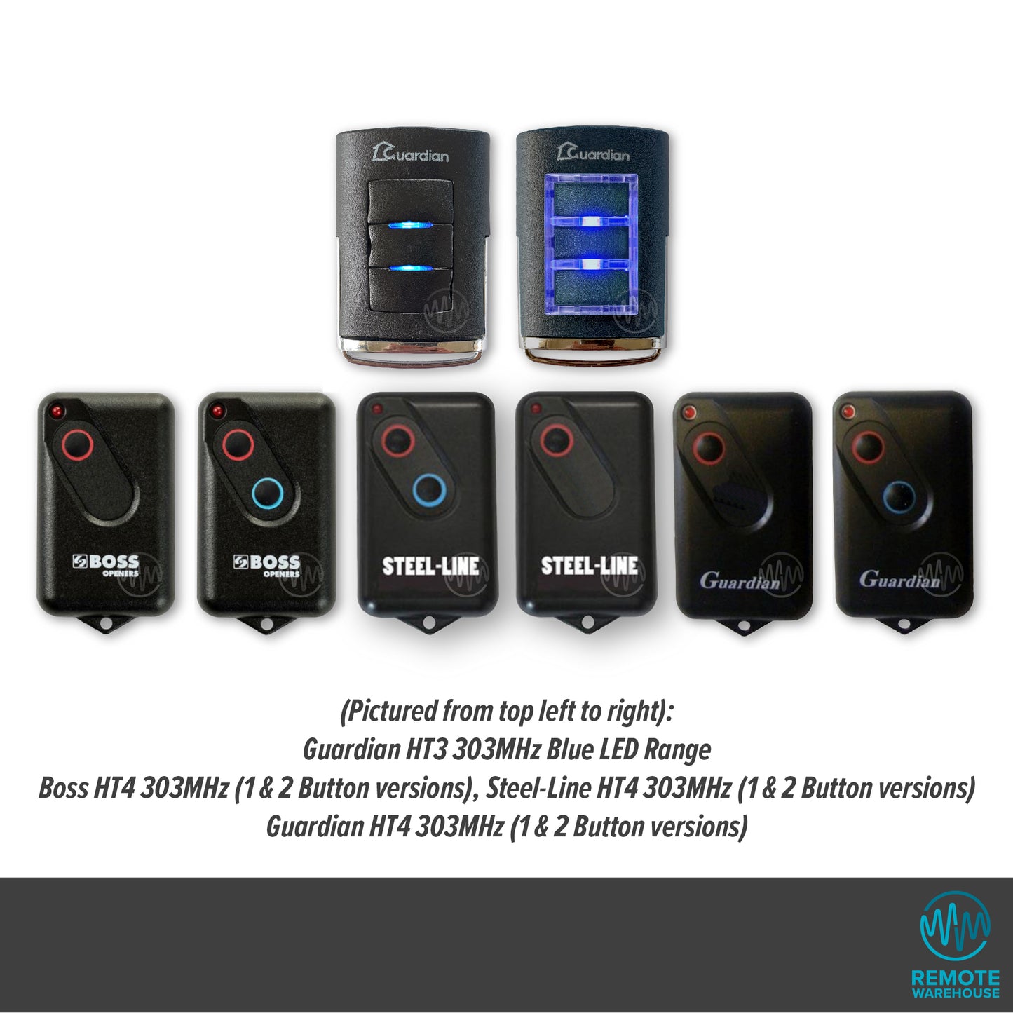 Full range of HT4 & HT3 style garage door remote controls branded with Guardian, Boss & Steel-Line 