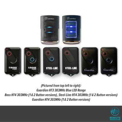 A range of old & new genuine black Boss, Guardian & Steel-Line branded garage door remotes with either 3 buttons or 1 & 2 round buttons