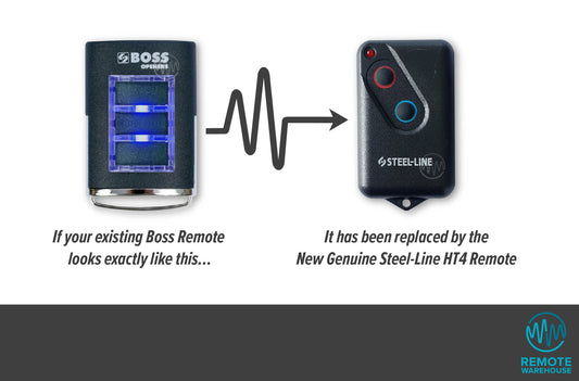 Comparison of Boss and Steel-Line remote controls with an arrow and text indicating replacement.