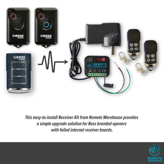 Selection of Boss branded  garage door remotes showing with an arrow pointing to the replacement Remote Warehouse branded add on receiver kit.