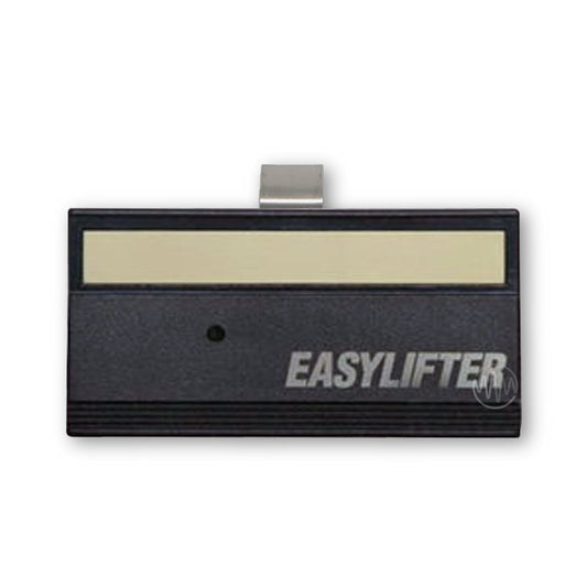 A black Easylifter garage door sun visor style remote with 1 long rectangle button.